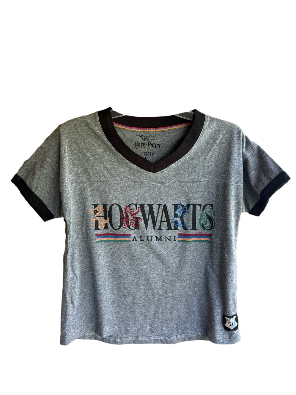 Harry Potter Hogwarts Alumni Grey Ringer Short Sleeve Tee XS Universal Studios